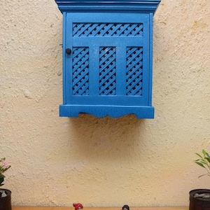 Wooden Hand Carved Hanging Cabinet Indian Traditional Made Storage Unit Wall Decor Painted Antique Finish Book Shelf Decorative Blue Cabinet