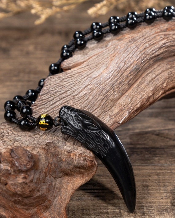 Black Obsidian Wolf Tooth Necklace Natural Stone Talisman Volcanic