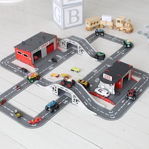 Puzzle Roads for Toy Cars with Toy Garages and Toy Bridges