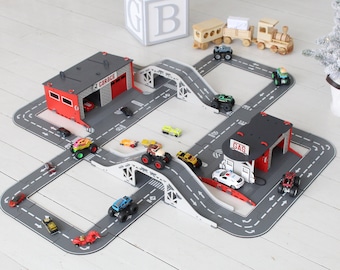 Puzzle Roads for Toy Cars with Toy Garages and Toy Bridges