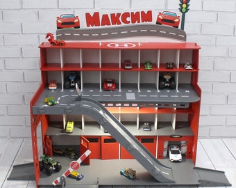 Toy car garage with interactive toy car wash, ilumination and sign with child's name