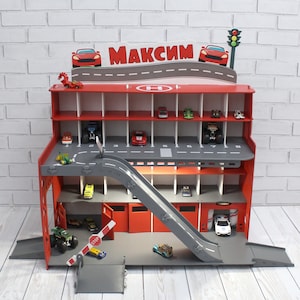 Toy car garage with interactive toy car wash, ilumination and sign with child's name