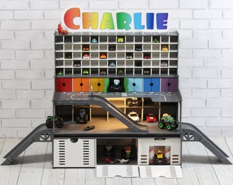 Wooden Toy Car Garage for Boys Age 3+, Monster Truck Storage, Car Wash, 1/64 Scale