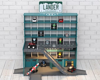 Toy Car Garage, Wooden Car Storage Organizer with Ramp