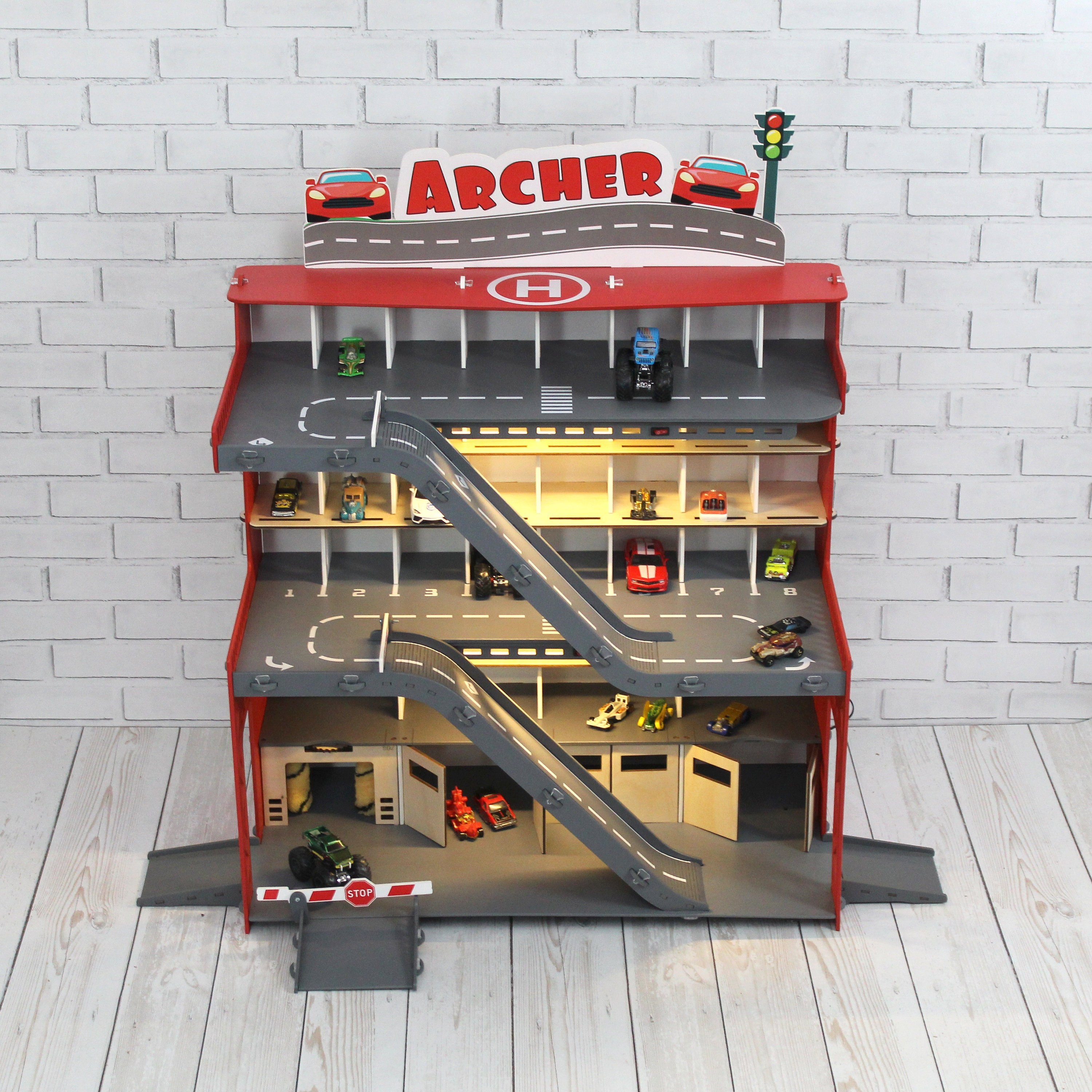 Wooden Toy Car Garage, Large Car Storage Organizer With Ramp