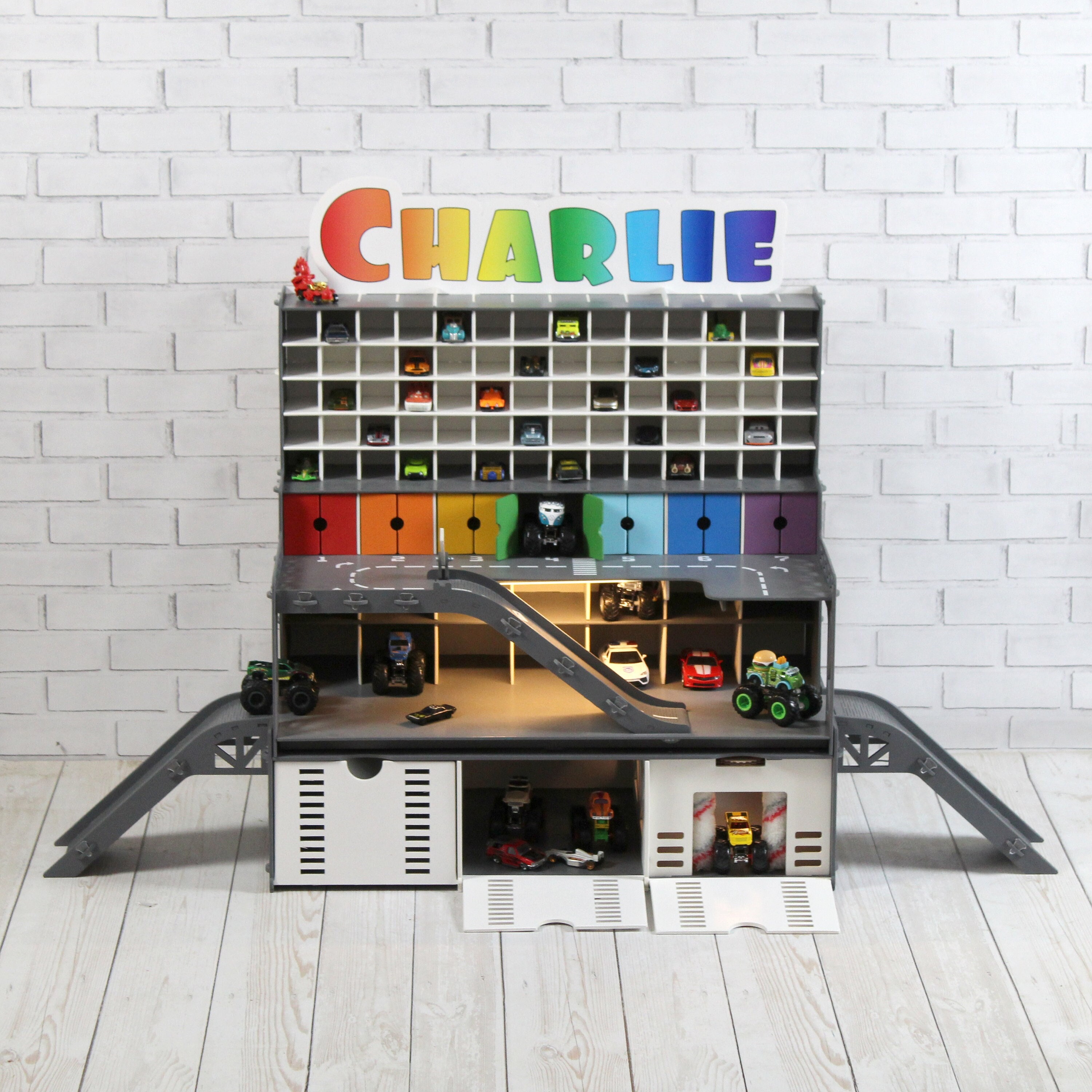 Wooden Toy Car Garage for Boys Age 3+, Monster Truck Storage, Car