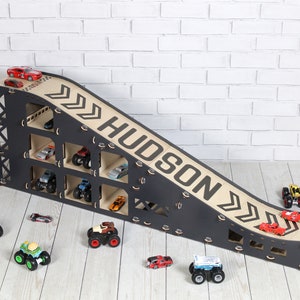 Wooden Toy Car Ramp 3ft Long – Jump Slope & Stunt Track Playset, Toy Garage with Storage, Personalized Gift for Kids