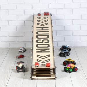 Personalized Toy Car Ramp, Wooden Race Track Garage, Gift for Monster ...