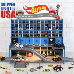 Toy car garage for tiny toy cars 1/64 scale, with ramps, road markings, gates. Toddler boy gift for 2-4 year old