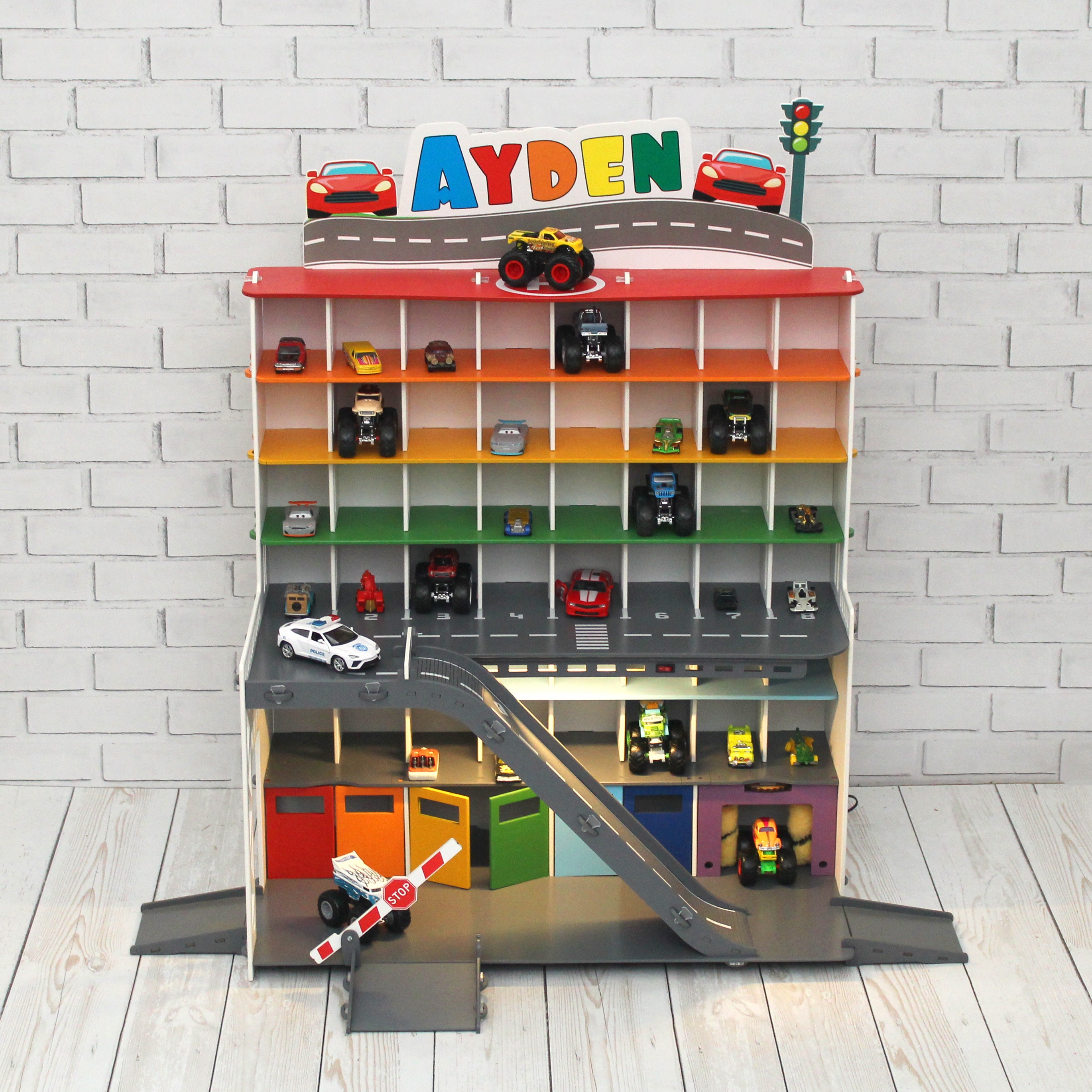 Personalized Wooden Toy Garage, Rainbow Plywood Car Display, 48