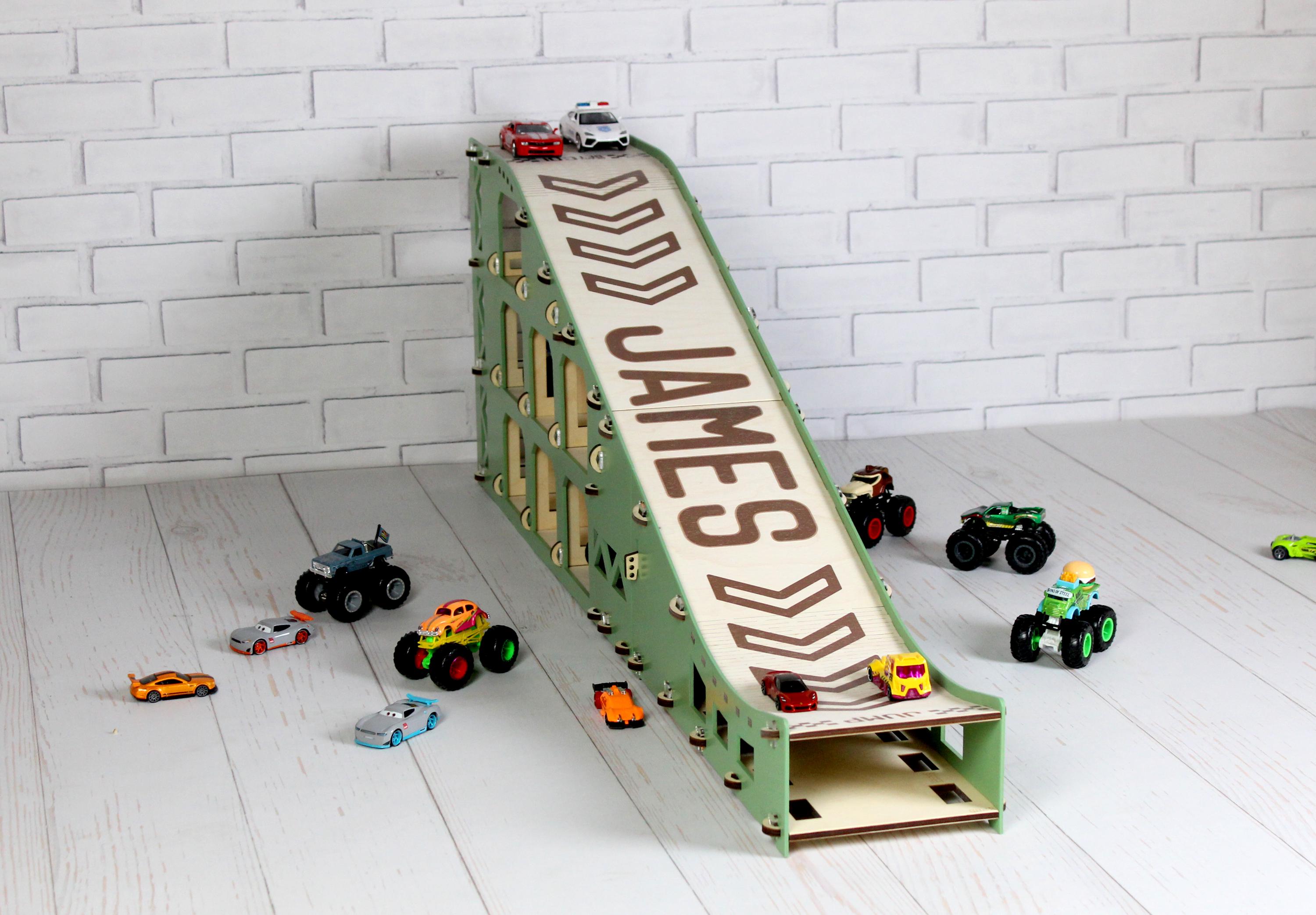 Personalized Toy Car Ramp, 3.7 Ft Wooden Race Track With Name, Storage ...