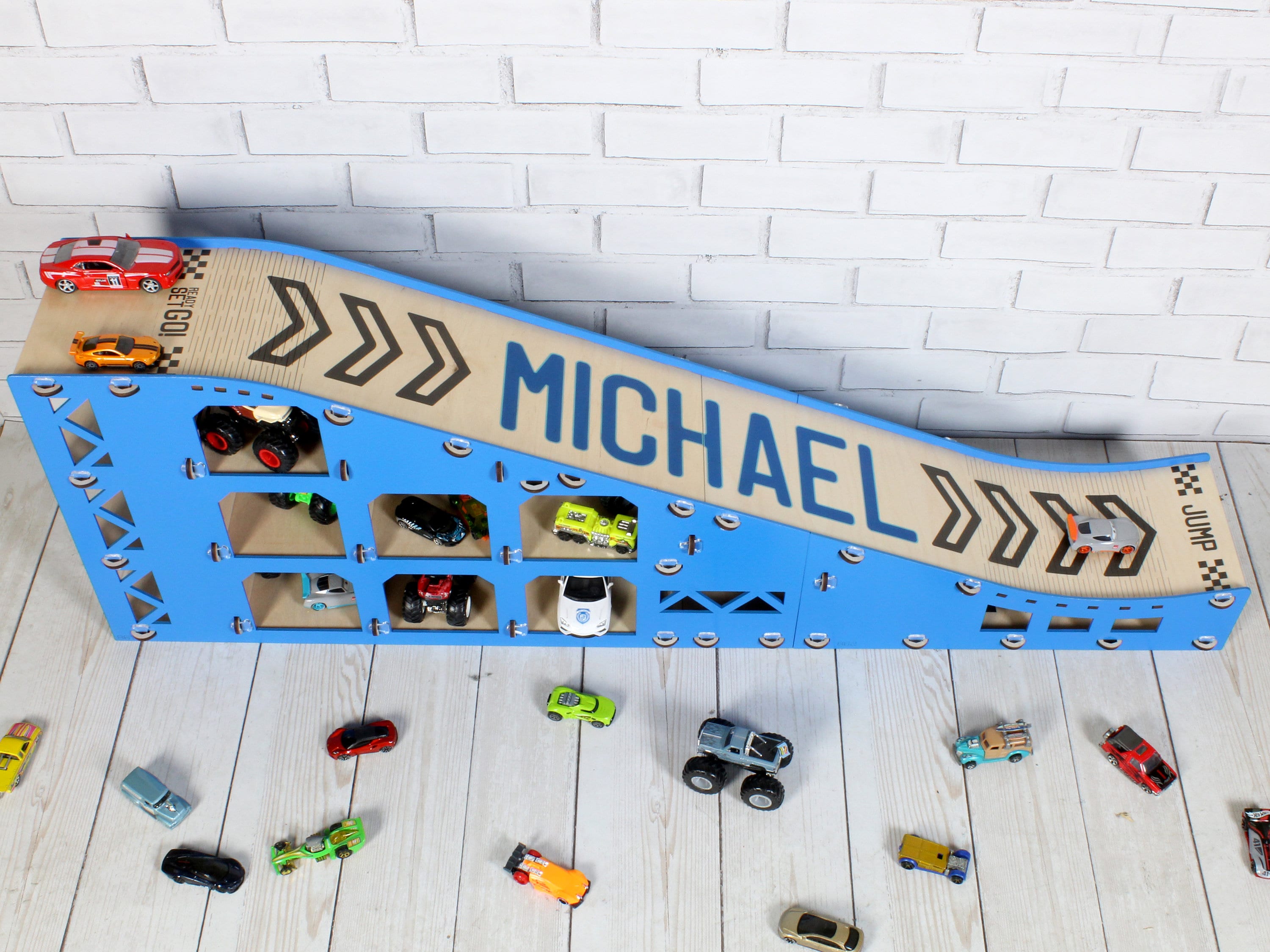 Wooden Toy Car Ramp With Jumping Action & Storage - Personalized ...