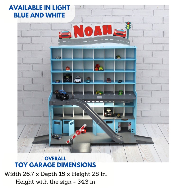 Toy car garage in light blue with light and inscription image 2