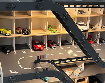 Toy car garage with a toy car wash, doors, gates and mutiple ramps