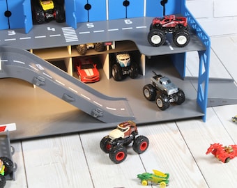 Storage for Tiny Toy Cars 1:64 scale, Wooden Toy Car Garage with ramps, road markings, gates. Kid boy 3 4 5 years old gift