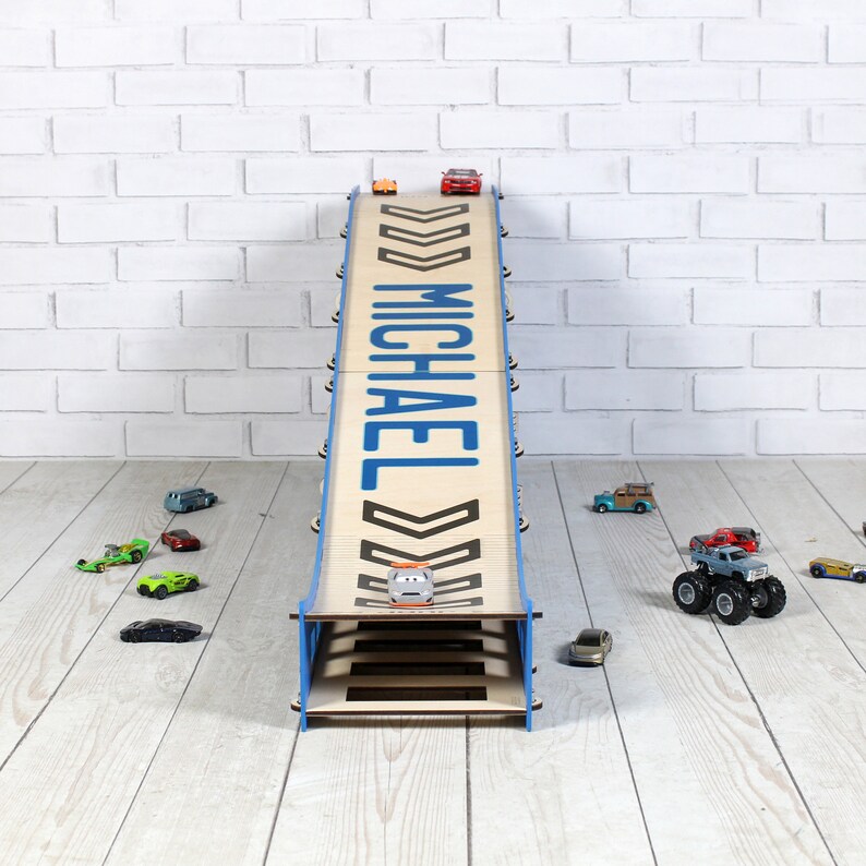 Wooden Toy Car Ramp With Jumping Action & Storage - Personalized ...