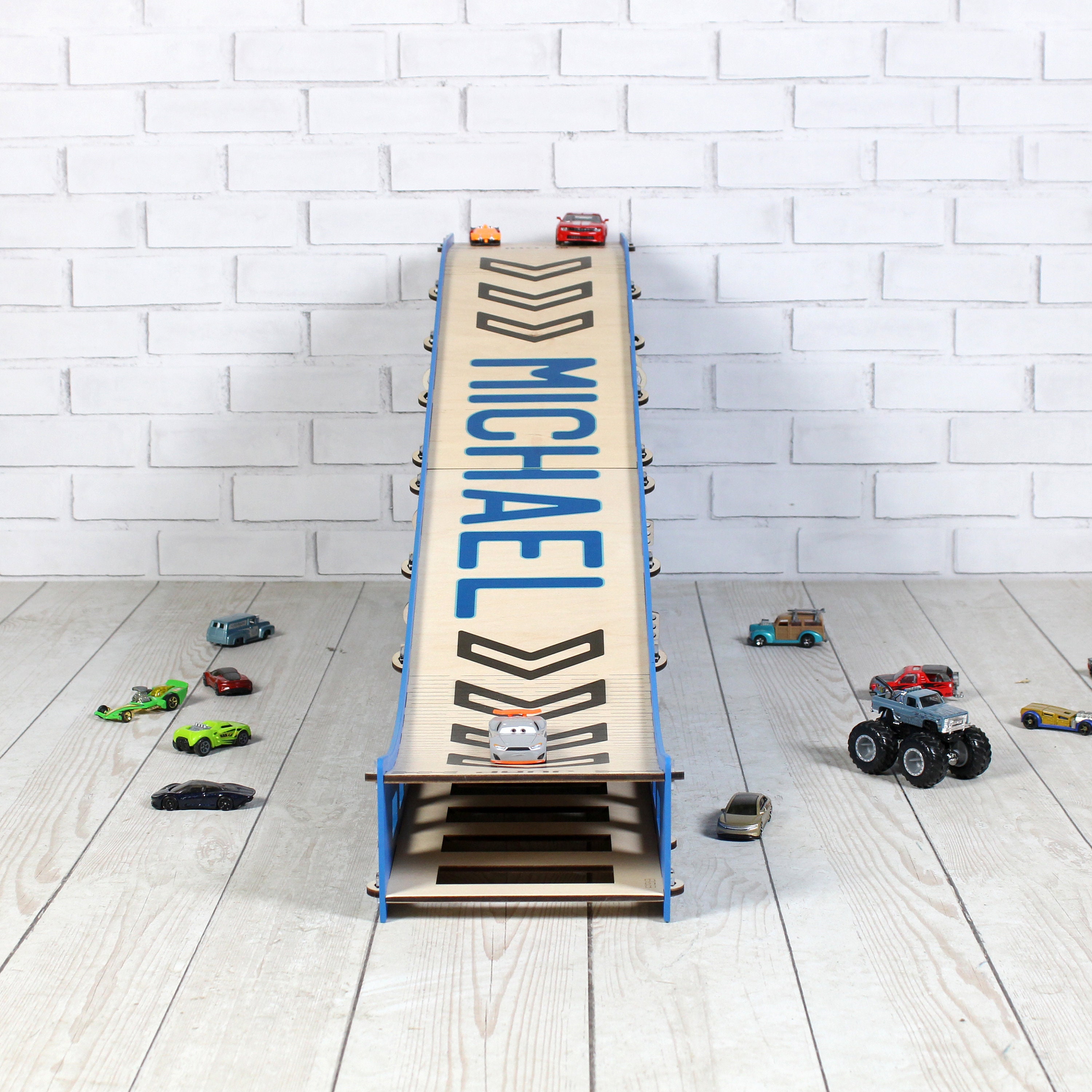 Wooden Toy Car Ramp With Jumping Action & Storage - Personalized ...