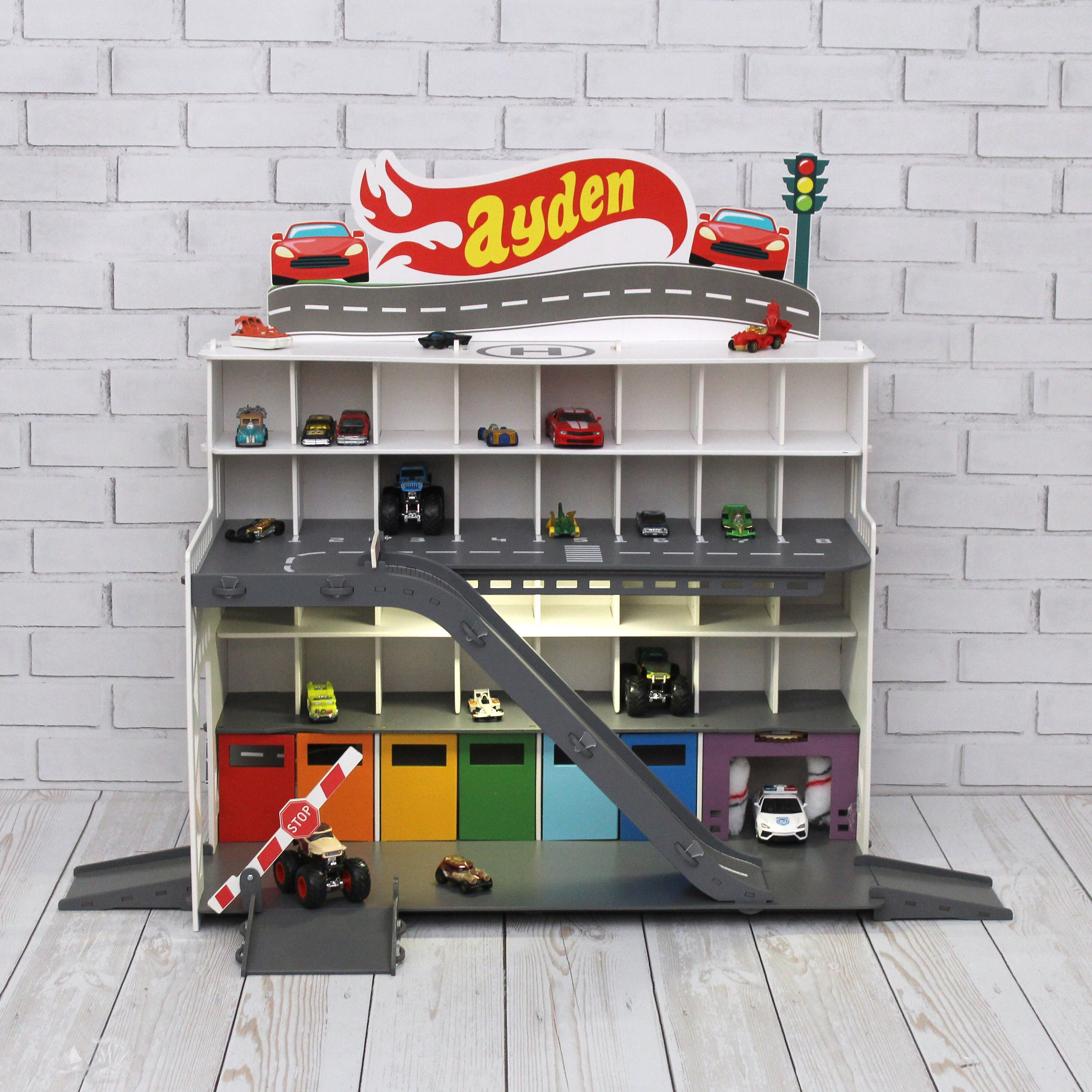 Personalized Wooden Toy Car Garage, Storage Display Shelf, Kids
