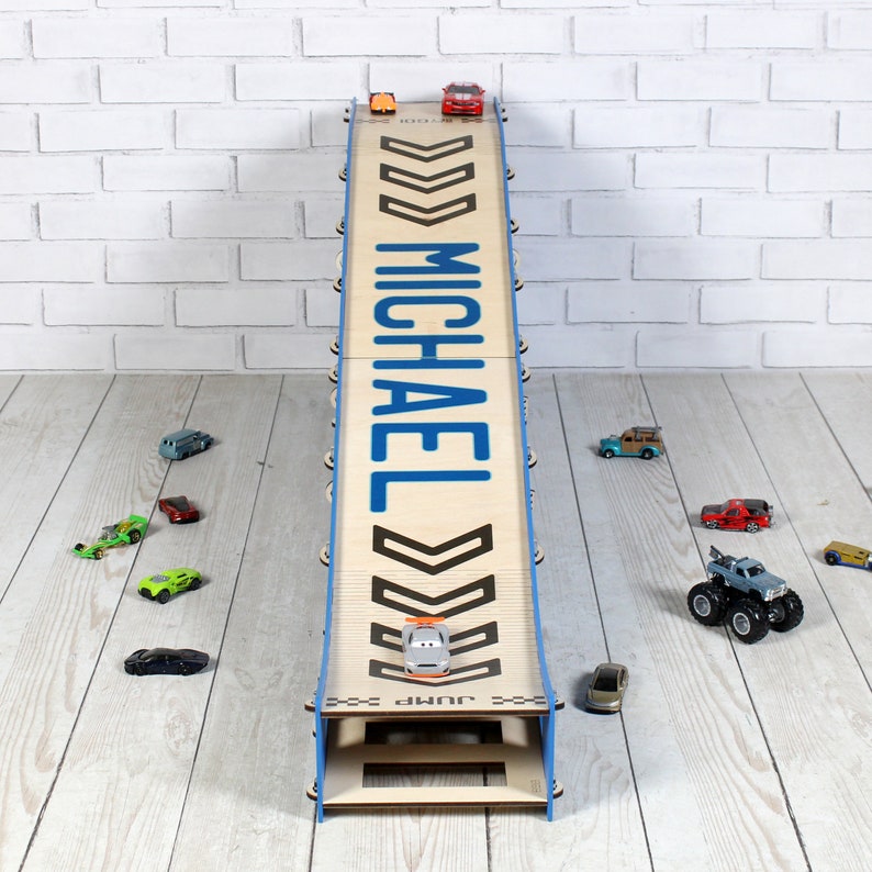 Wooden Toy Car Ramp With Jumping Action & Storage - Personalized ...