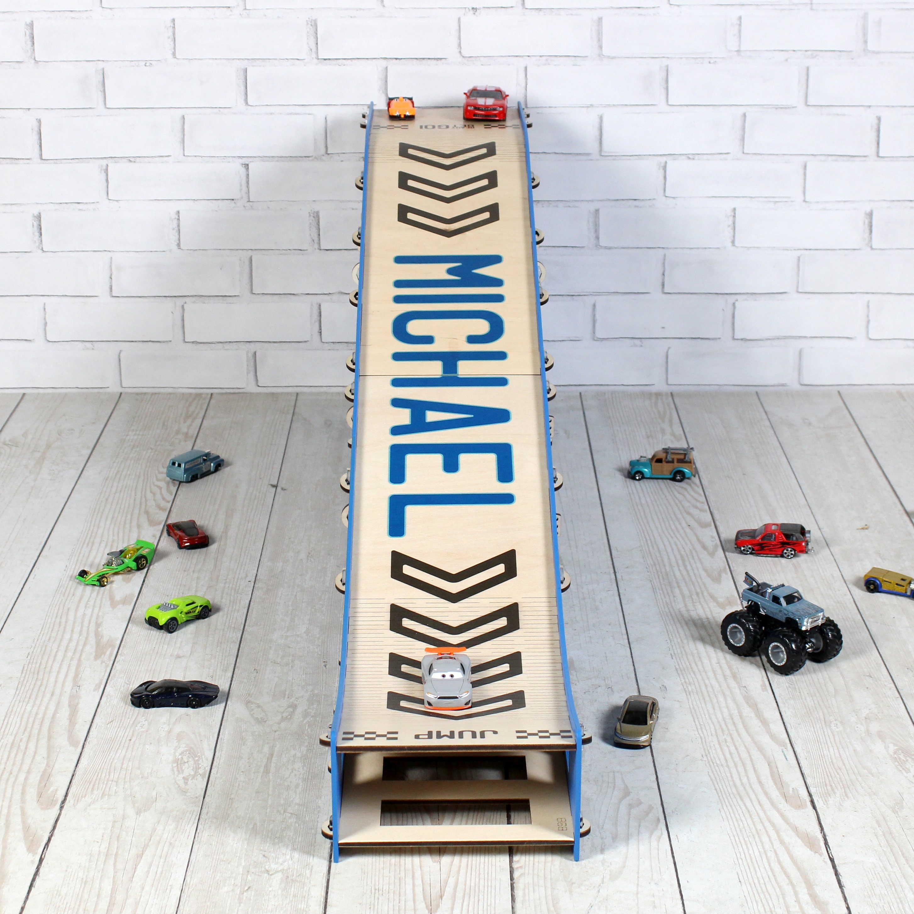 Wooden Toy Car Ramp With Jumping Action & Storage - Personalized ...