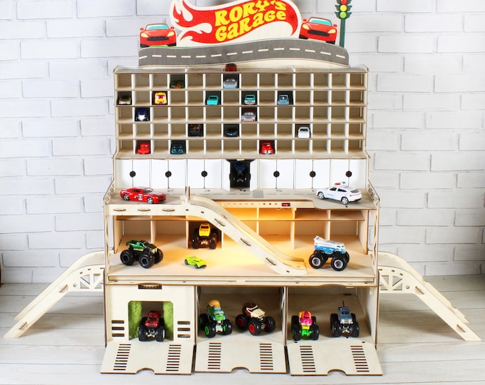 Wooden Toy Car Garage Organizer: 1/64 Scale, Playroom Storage