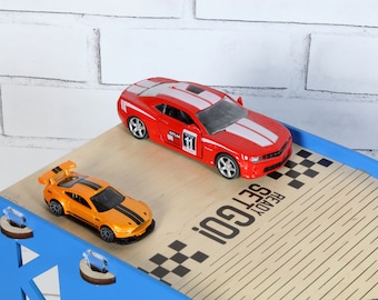 Wooden Toy Car Ramp with Jumping Action and Storage Cells, Personalized Gift for Toddler Boy