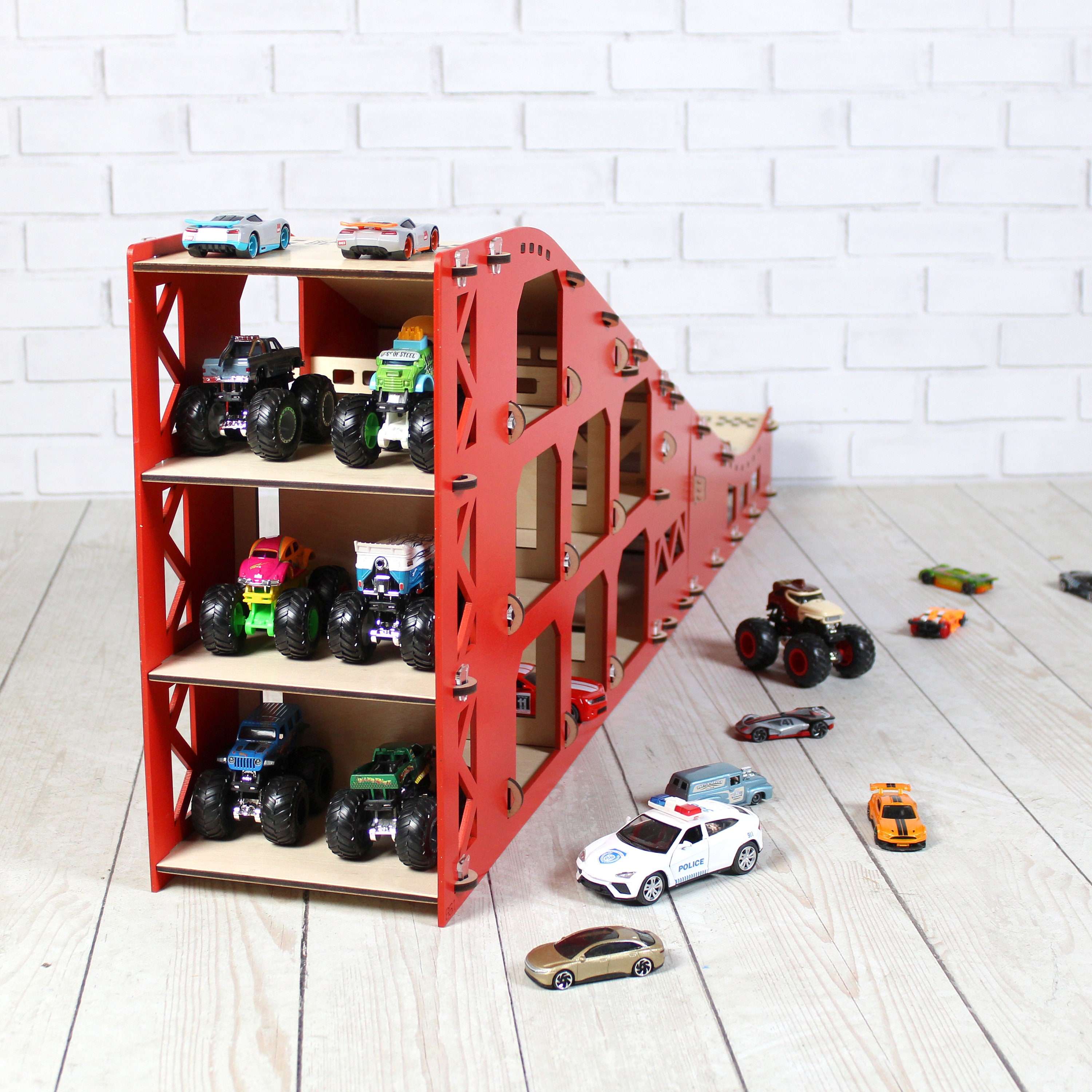 Rampe De Circuit En Bois Avec 4 Voitures – Jeu De Course Zigzag, Parking Sur Le Toit – Dès 1 An, Garçon Et Fille