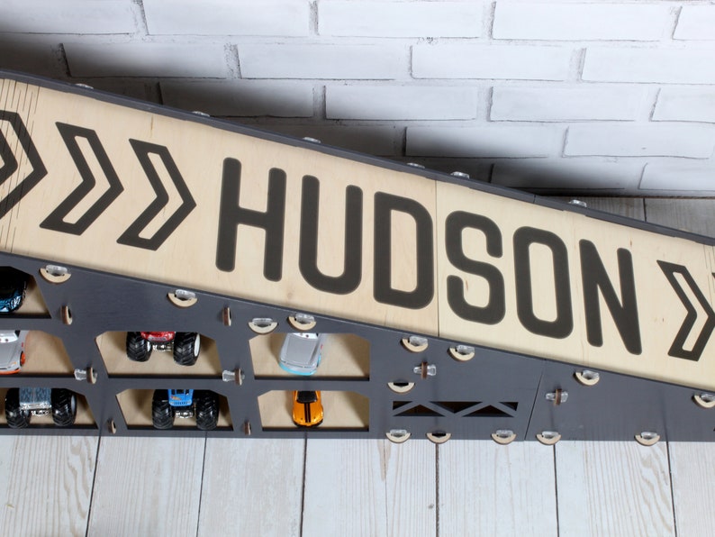 Personalized Toy Car Ramp, Wooden Race Track Garage, Gift for Monster ...