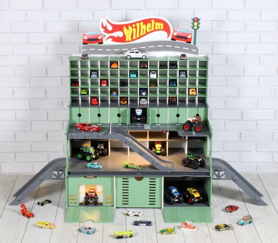 Personalized Toy Garage for 1/64 and 1/32 Scale Toy Cars, Boy Gift Age 3+ with Road, Ramp, Doors, Gates, Markings, and Car Wash