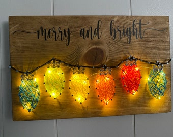 CUSTOM Christmas lights string art with or without lights; Christmas decor; Merry and Bright; Colored Christmas lights; Christmas gift