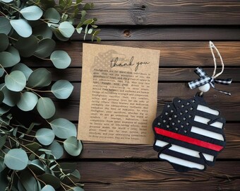 CUSTOM Firefighter story ornament; laser cut wood ornament; gift for firefighter; keepsake message card; car charm; red line ornament