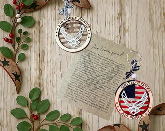 CUSTOM Air Force story ornament; laser cut wood ornament; gift for air force; keepsake message card; car charm; Air Force proud ornament