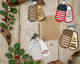 CUSTOM dog tags story ornament; laser cut wood ornament; gift for military families; keepsake message; car charm; Military family ornament