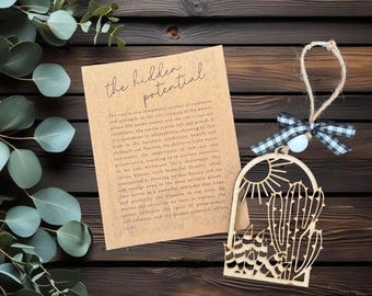 Cactus story card ornament; cactus ornament; laser cut ornament; cactus decor; southwestern decor; cactus decor; cactus car charm