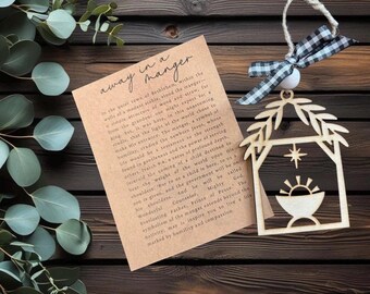 Nativity story ornament; Away in a Manager ornament; unique ornament; laser cut ornament; keepsake message card; sentimental ornament