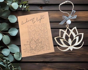 Lotus flower ornament; Story card ornament; laser cut ornament; unique gift; motivational gift; keepsake gift; lotus flower transformation