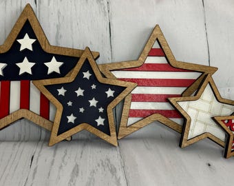 Patriotic stars set; free standing star set; patriotic decor; USA stars; American flag stars, 4th of July decor; laser cut stars; wood stars