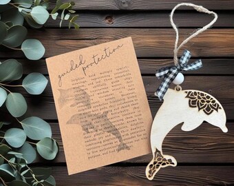 Dolphin story card ornament; animal story ornament; laser cut ornament; gift for dolphin lovers; dolphin ornament; dolphin car charm