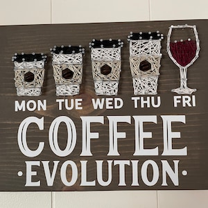 May include: A brown wooden sign with the text "COFFEE EVOLUTION."  The sign features five string art images of coffee cups, one for each day of the week, Monday through Friday. The last image is a glass of wine.