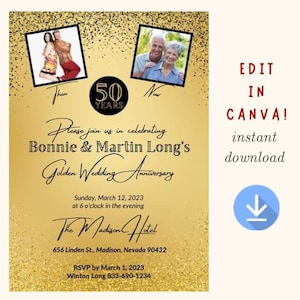 50th Anniversary Golden 5x7 Canva Template, Easy Edit, Instant Download, Now and Then, Photos