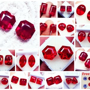 Peut inclure: Une collection de pierres précieuses rouges à facettes de formes variées, notamment rondes, ovales, en poire, en cœur, carrées, rectangulaires, hexagonales et marquises. L'image montre plusieurs paires de pierres rouges vibrantes et libres.