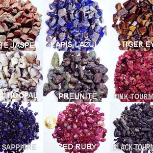 May include: An assortment of gemstones, such as Unikite Jasper, Lapis Lazuli, and Tiger Eye's. Also shown are Dendritic Opal, Prehnite, Pink Tourmaline, Blue Sapphire, Red Ruby, and Black Tourmaline. Each gemstone is identified with its name.