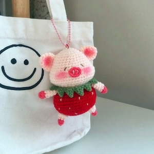 PATTERN: Strawberry Pig Amigurumi Bag Ornament  Crochet Pattern Cute Little Pink Piggy with Strawberry Dress Tutorial in English