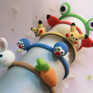 PATTERN: Crochet Headbands Pattern Frog Fox Ears Pikachu Doraemon Rabbit and Carrot Hair Accessories Head Bands for Kids Gift