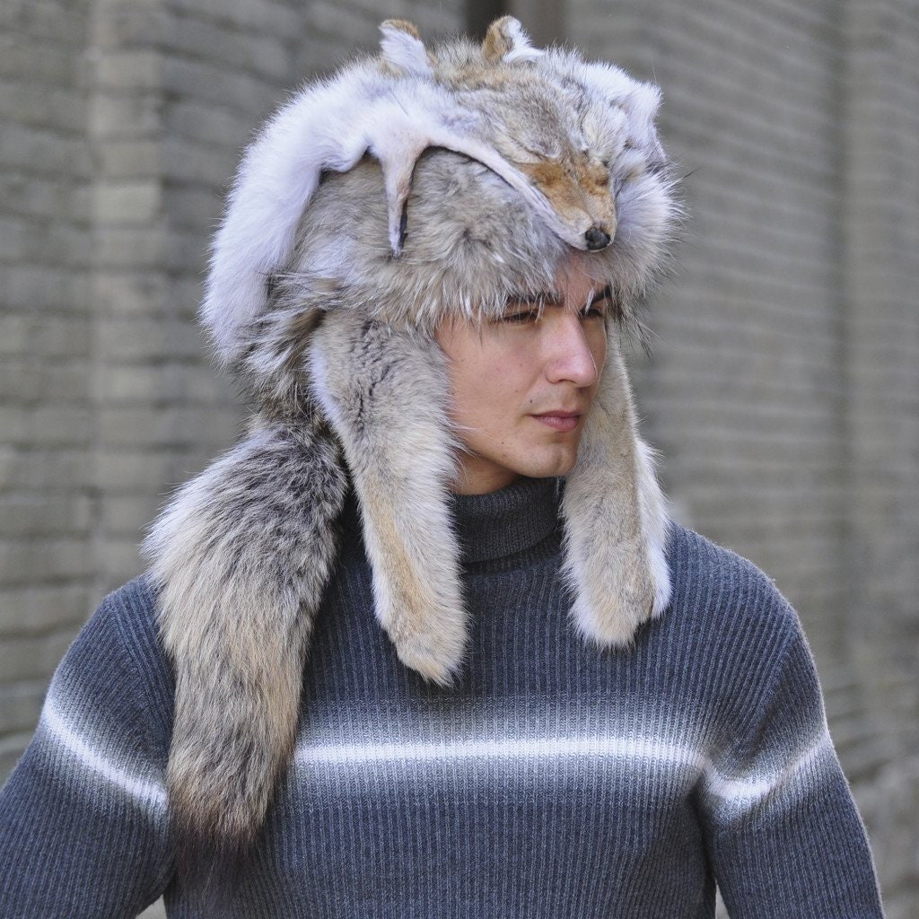 New Natural All Fur Coyote Trapper Hat - Madison Avenue Furs