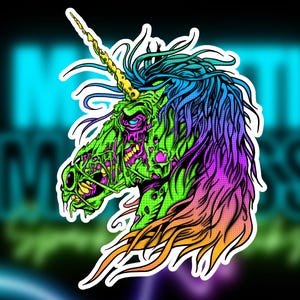 May include: A sticker featuring a zombie unicorn head with a yellow horn, green skin, and blue, purple, and orange mane. The sticker has the text "MUTTI MASS" in a neon blue font on a black background.