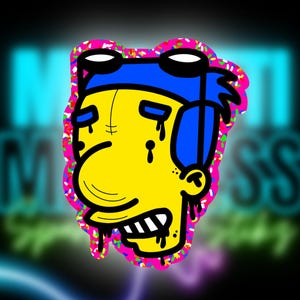 May include: A cartoon illustration of a yellow character with blue goggles and a blue headband. The character has a large nose and is crying. The illustration is surrounded by a pink border with colourful confetti.