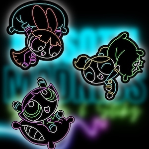 May include: Neon-style graphic of three cartoon characters, each resting on a pillow. The characters are outlined in bright colors like pink, orange, green, and blue against a black background. The image has a glowing effect.
