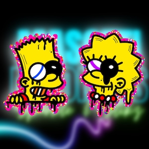 May include: A digital illustration of Bart and Lisa Simpson from The Simpsons, with dripping paint and a pink and yellow background.