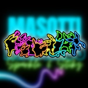 May include: A neon sign featuring a rainbow colour scheme depicting a group of cartoon characters. The characters are in a line and appear to be in a playful pose. The sign is against a dark background.